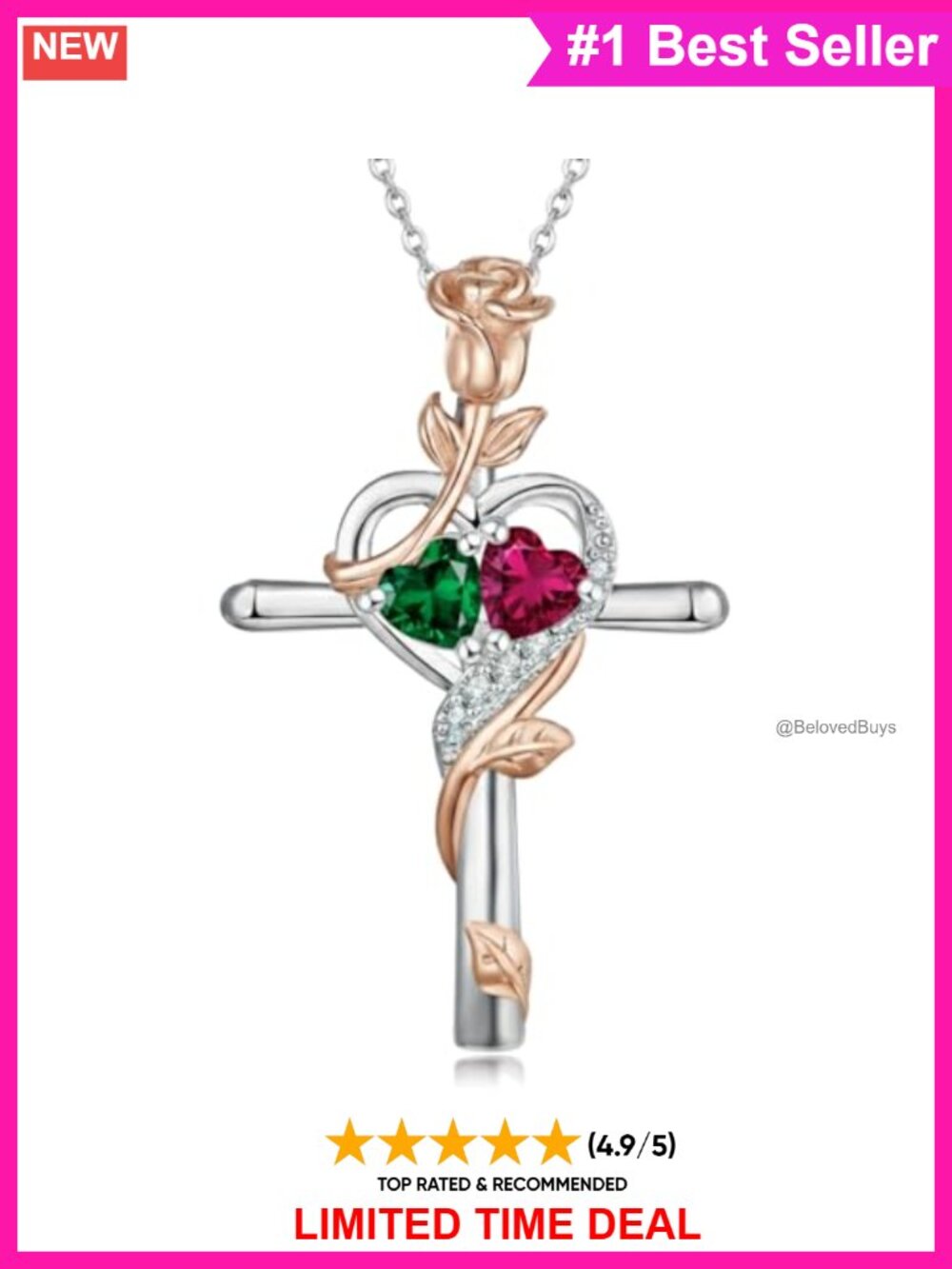 Birthstone Cross Necklace Rose Heart Pendant 18in Chain Gift for Women